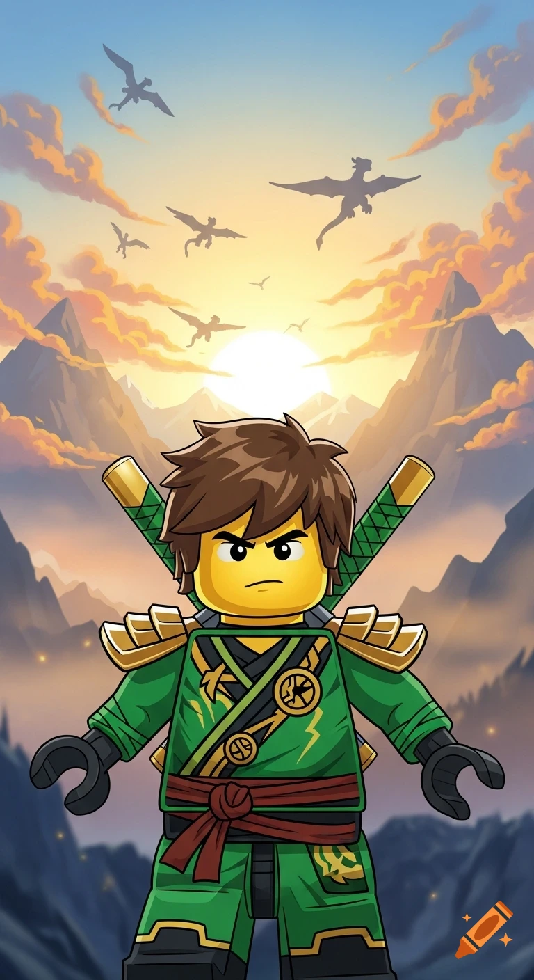 Animated Ninjago character Lloyd in green, with swords on his back, stands heroically against a sunset sky with mountains and flying dragons.