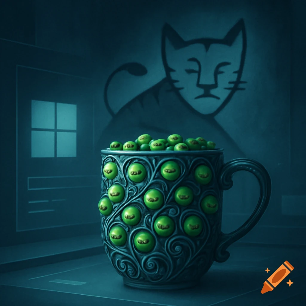 A dark, stylized image of a mug covered in green, eye-like spheres, filled with more green spheres. A shadowy cat silhouette looms in the background.