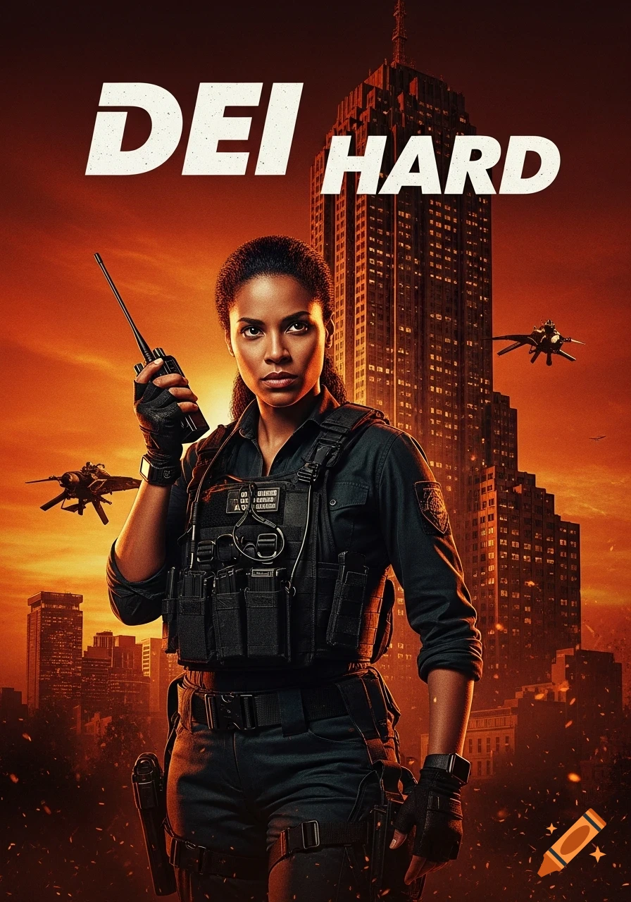 Movie poster for 'DEI HARD' showing a woman in tactical gear holding a radio, a skyscraper, and fighter jets under an orange sky.