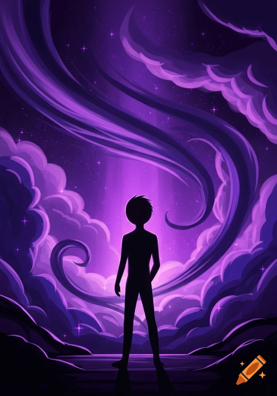 Silhouette of a person looking up at a swirling purple night sky with clouds and stars, digital art style.