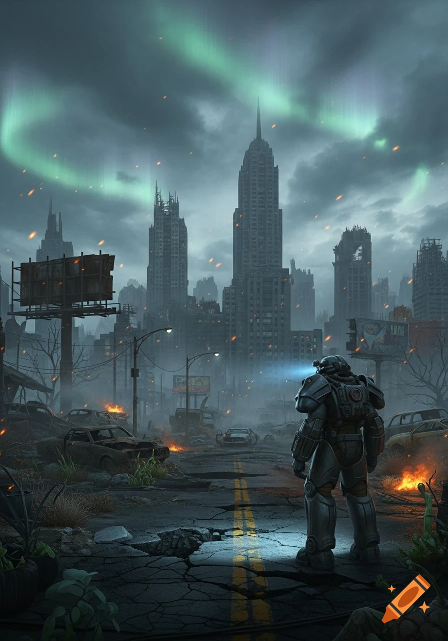Power-armored figure on a cracked road in a ruined city with burning cars under an aurora-lit, cloudy sky.