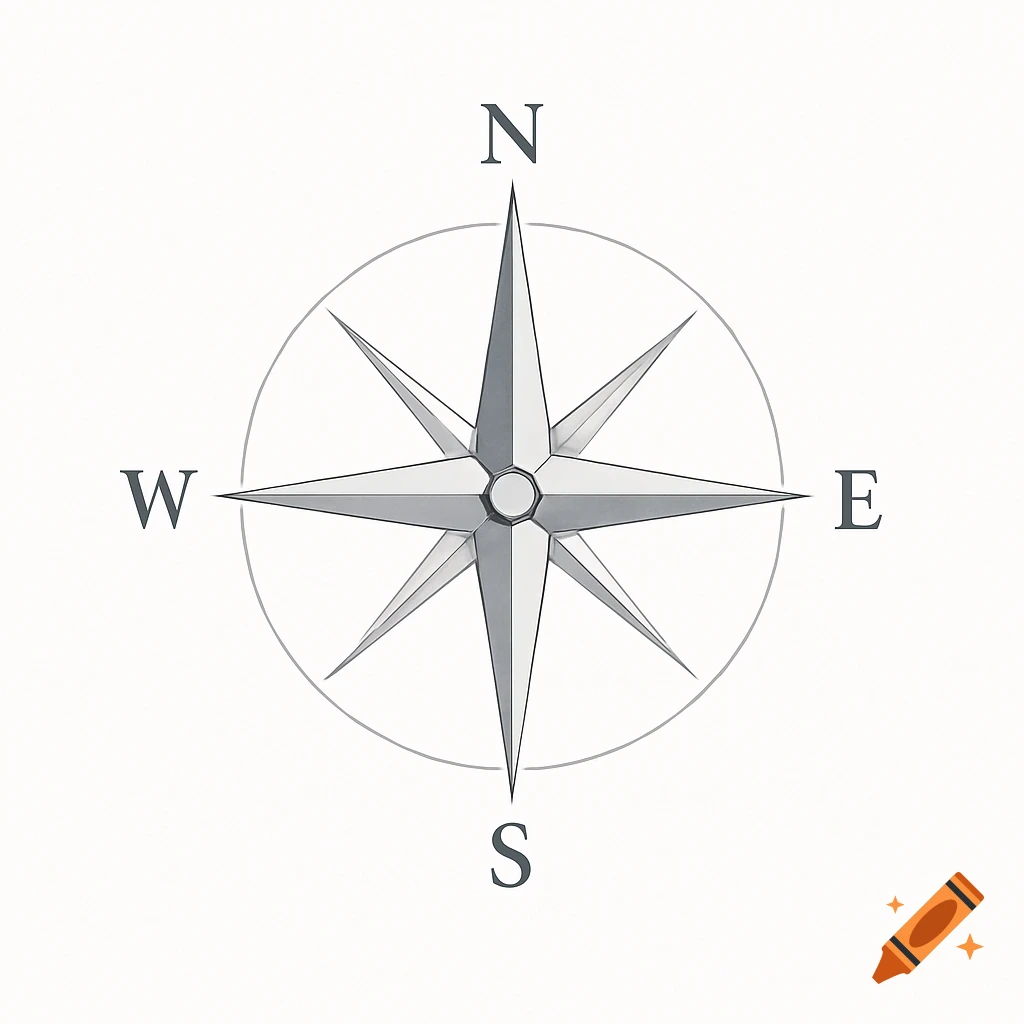 A minimalist gray compass rose on a white background, clearly indicating the cardinal directions N, E, S, W.