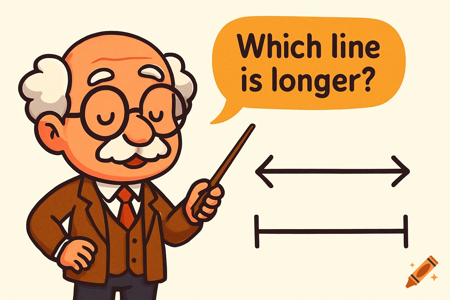 A flat cartoon professor with glasses points to an optical illusion of two lines, asking 'Which line is longer?'