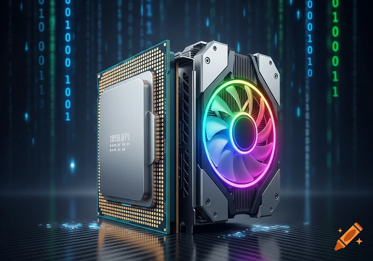 A close-up shot of a CPU next to a CPU cooler with a glowing rainbow-colored fan, set against a dark background with falling binary code.