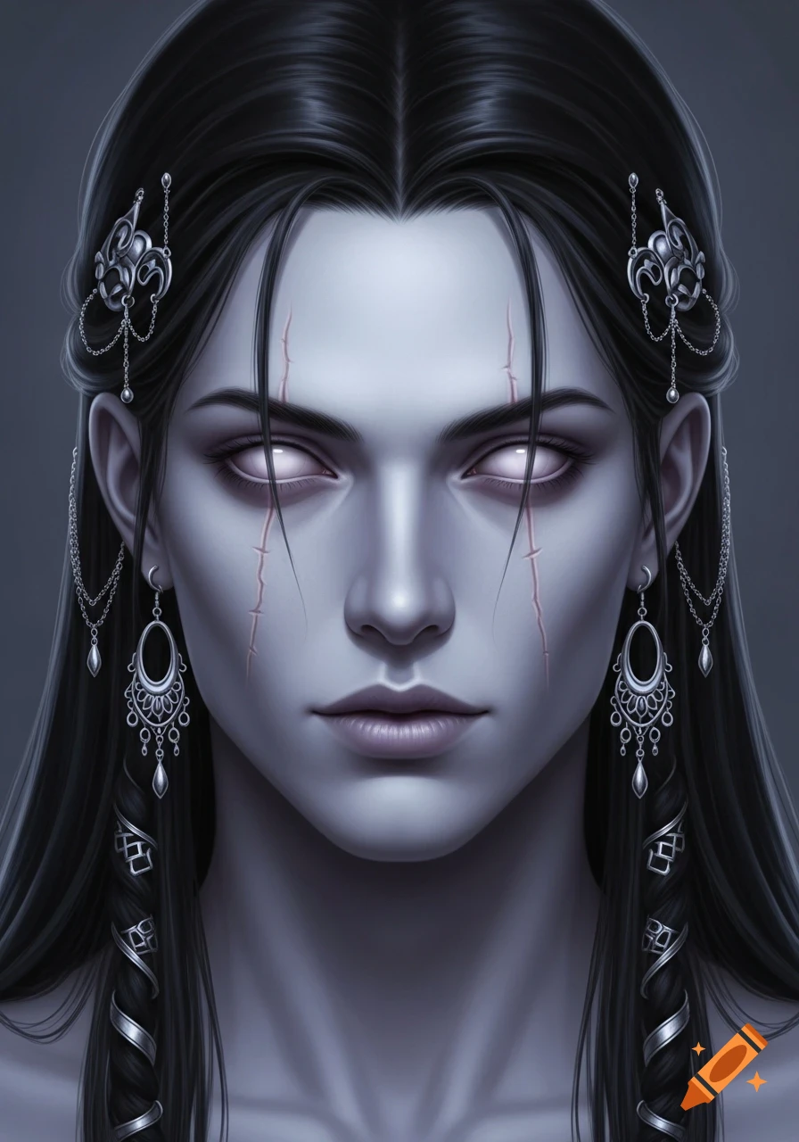Close-up portrait of a fantasy character with pale skin, long black hair, glowing white eyes, facial scars, and intricate silver jewelry.