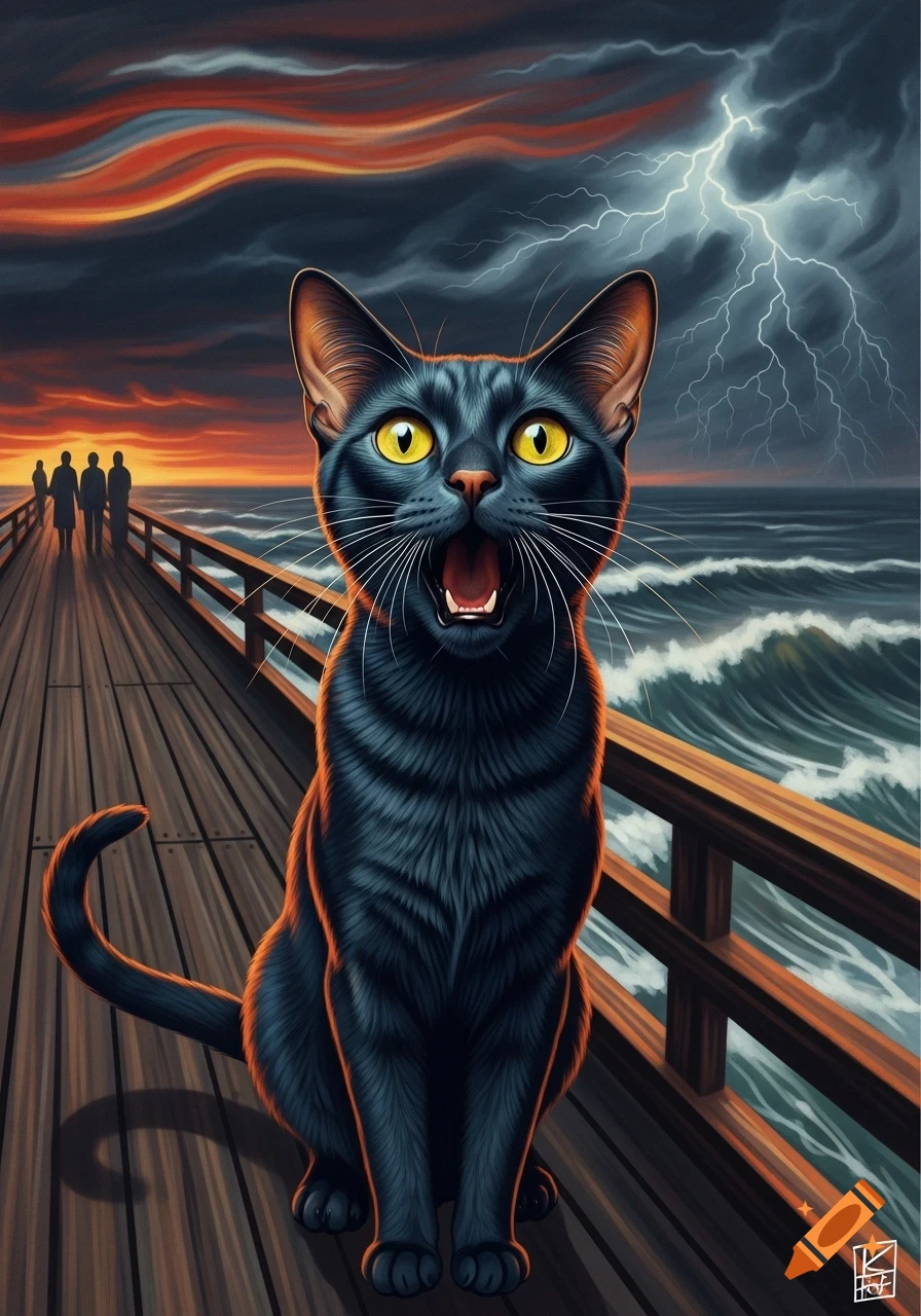 A stylized painting of a black cat with wide yellow eyes screaming on a wooden pier at sunset with a stormy sea and lightning.