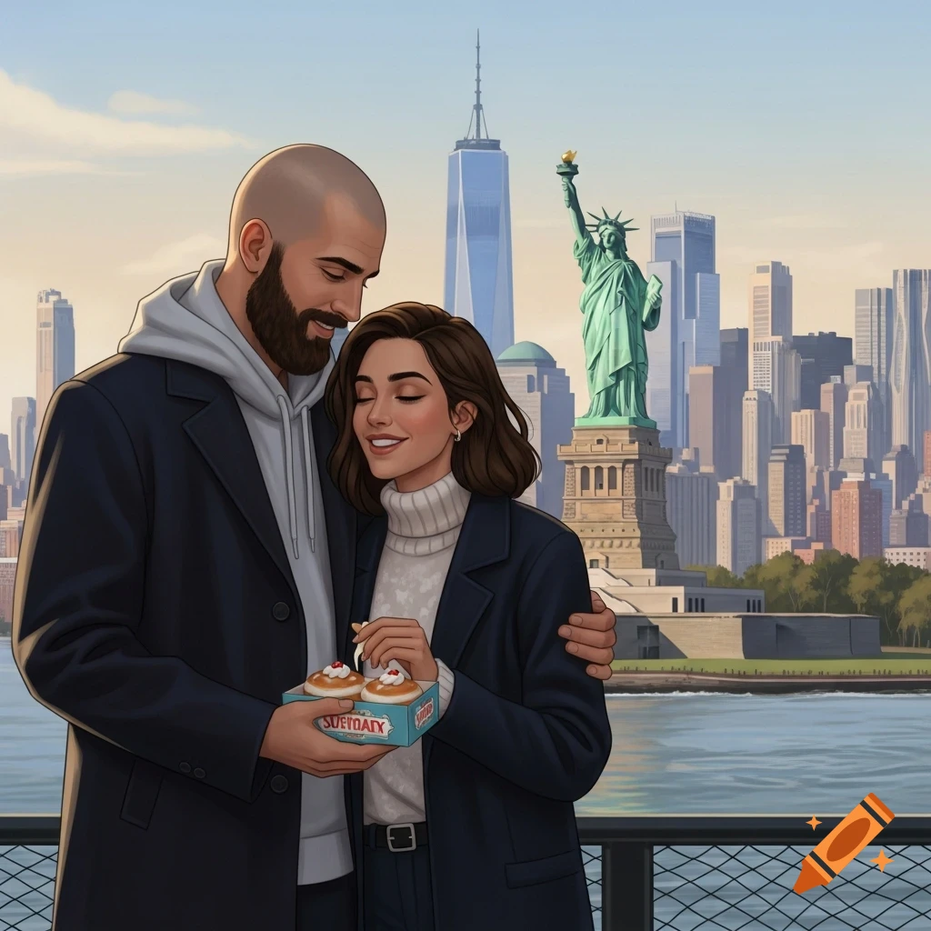 An illustrated couple embracing in front of the Statue of Liberty and New York City skyline, sharing donuts.