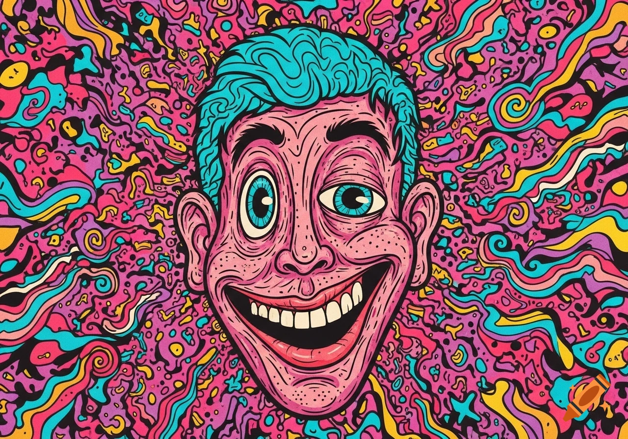 A psychedelic pop surrealism cartoon illustration of a distorted man's face with blue hair, pink skin, and a wide grin, surrounded by vibrant swirling patterns.