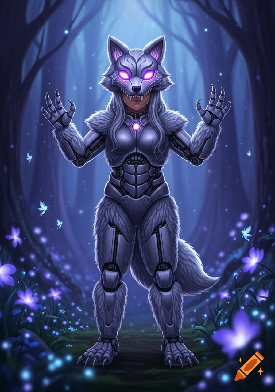 A character in a metallic and furry animatronic wolf costume with glowing purple eyes stands in a magical blue forest.