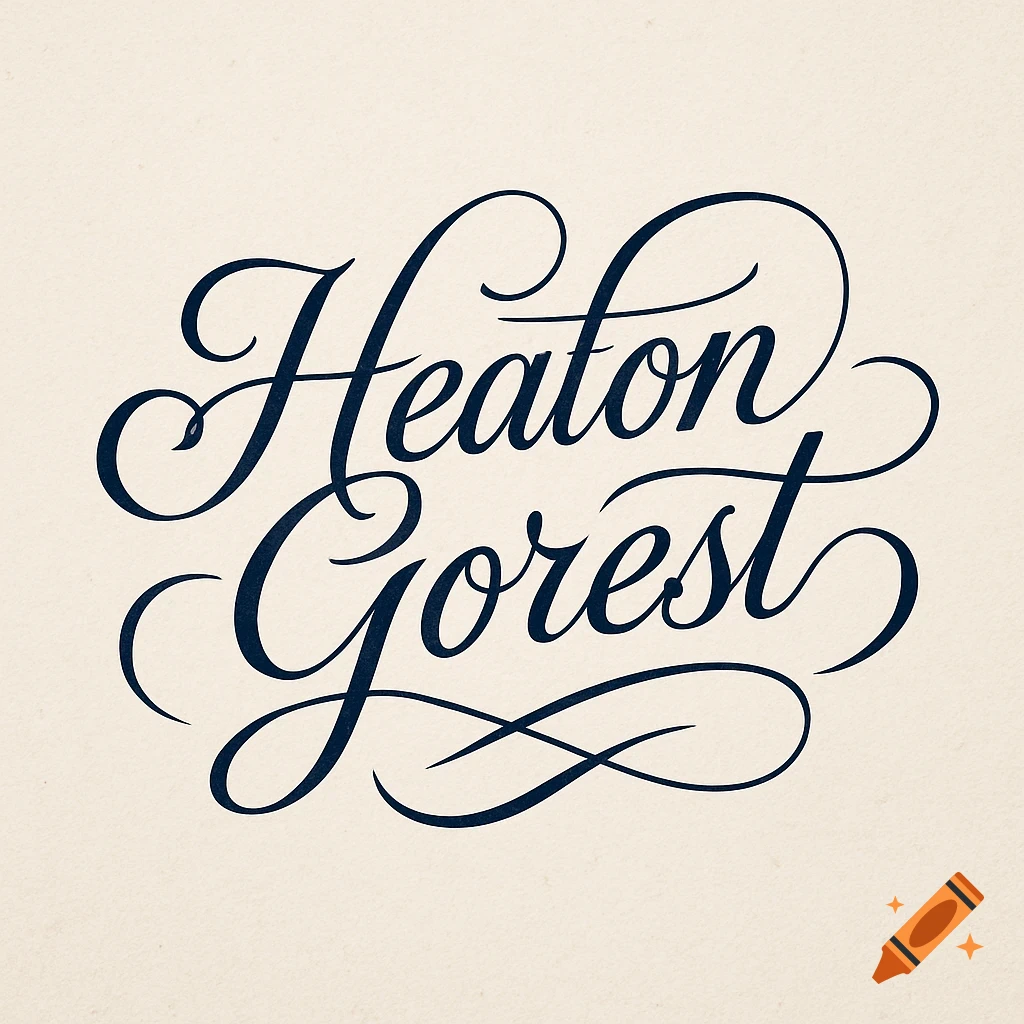 Calligraphy logo for 'Heaton Gorest' with ornate flourishes on a light textured background.