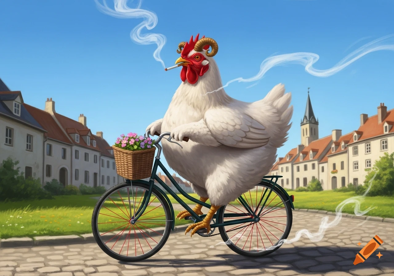 A whimsical, illustrated white chicken with red horns and a cigarette in its beak rides a bicycle with a flower basket on a cobblestone street.