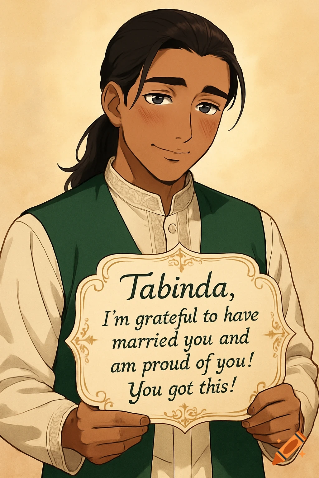 Anime-style portrait of a gentle man holding a decorative sign with a loving and encouraging message.