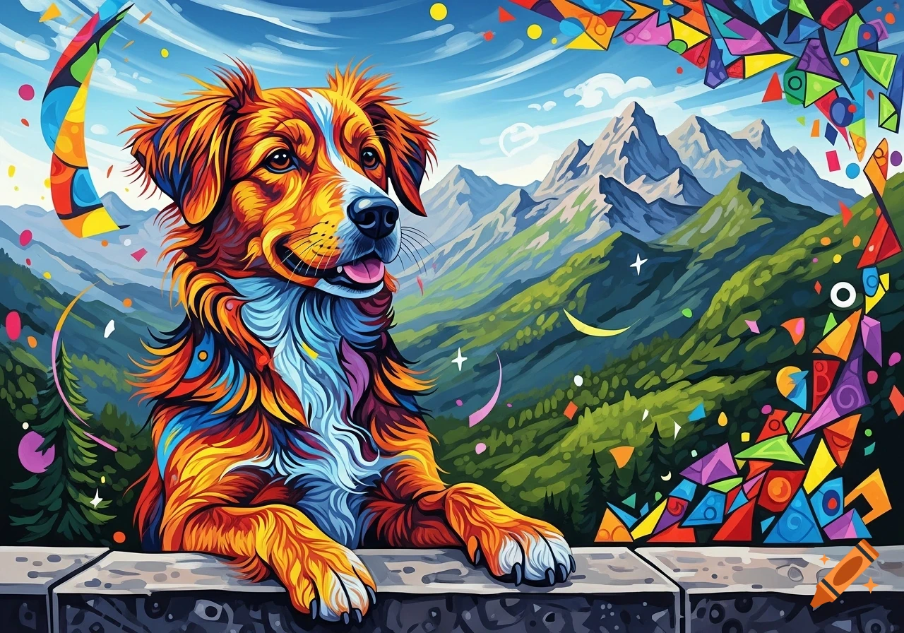 Vibrant, cubist abstract art of a playful dog with paws on a ledge, set against a colorful, fragmented mountain landscape.