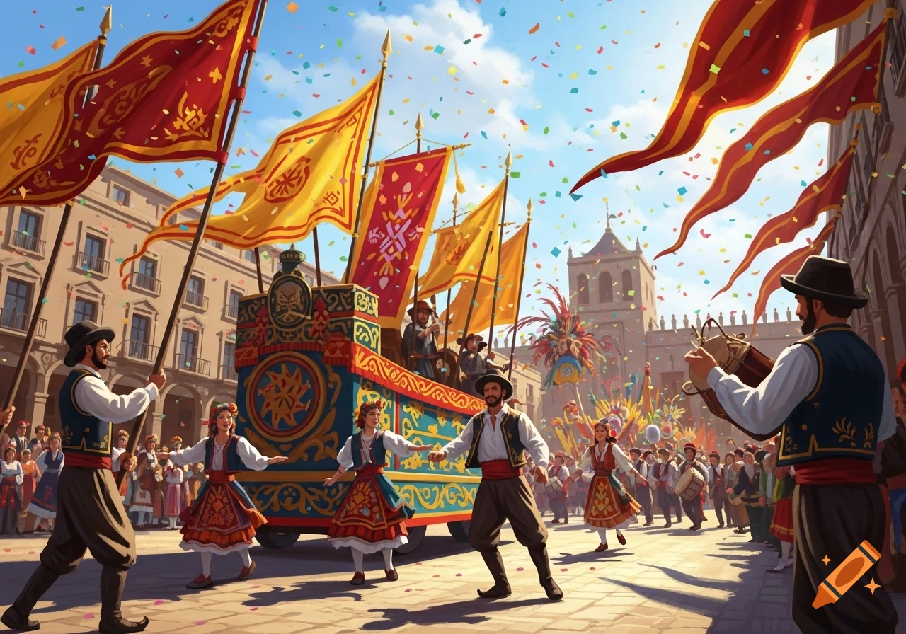 Vibrant festival parade with people in traditional costumes, flags, and a decorated float under a confetti-filled sky.