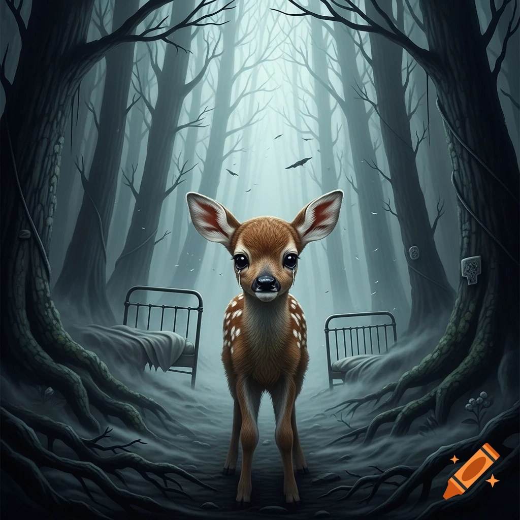 A sad, crying fawn stands in a dark, foggy, spooky forest with old, empty beds on either side, in a digital art style.