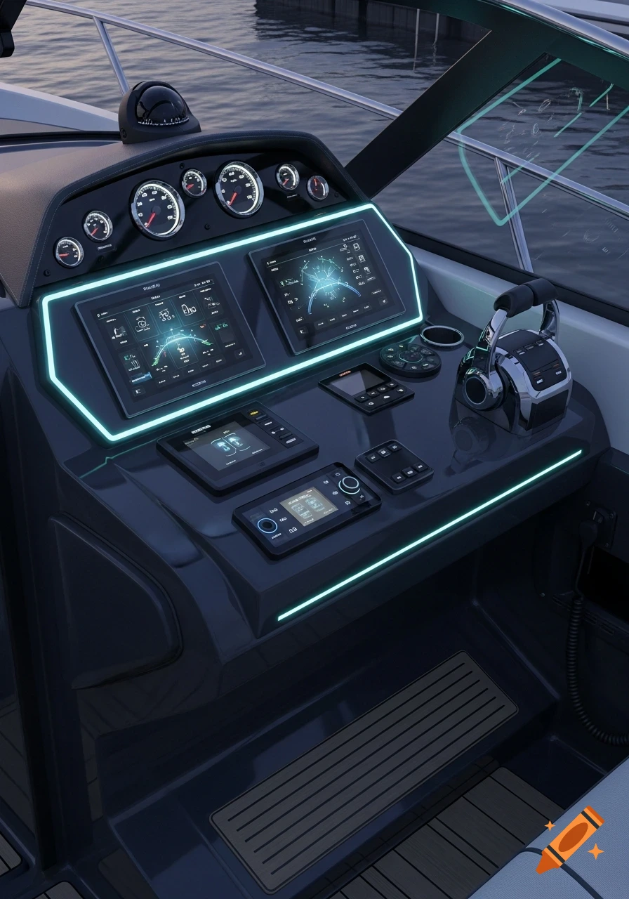 An elegant, modern control panel of a small motorboat with glowing blue digital displays, gauges, and a throttle lever, overlooking calm water.