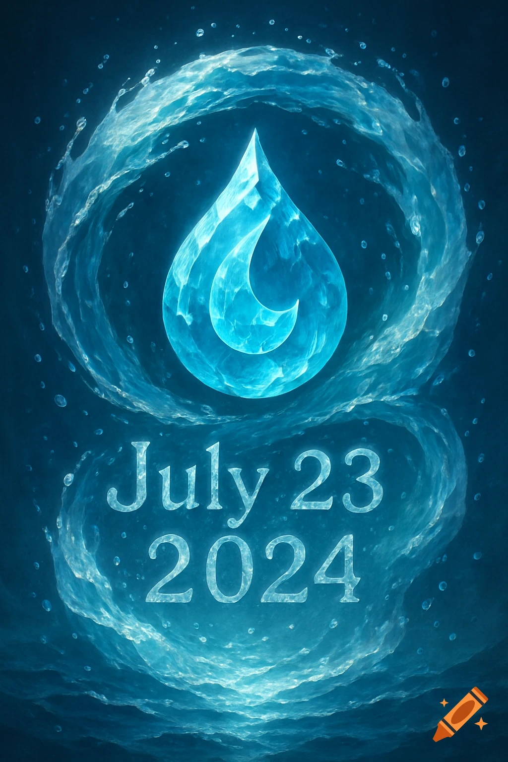 A glowing blue water drop symbol surrounded by swirling water, with the text "July 23 2024" below.