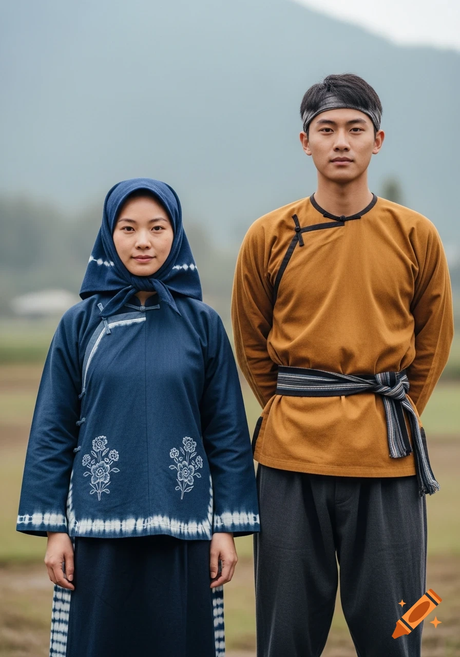 Two people in traditional Hakka clothing, a woman in a blue headscarf and a man in a brown shirt, standing outdoors.