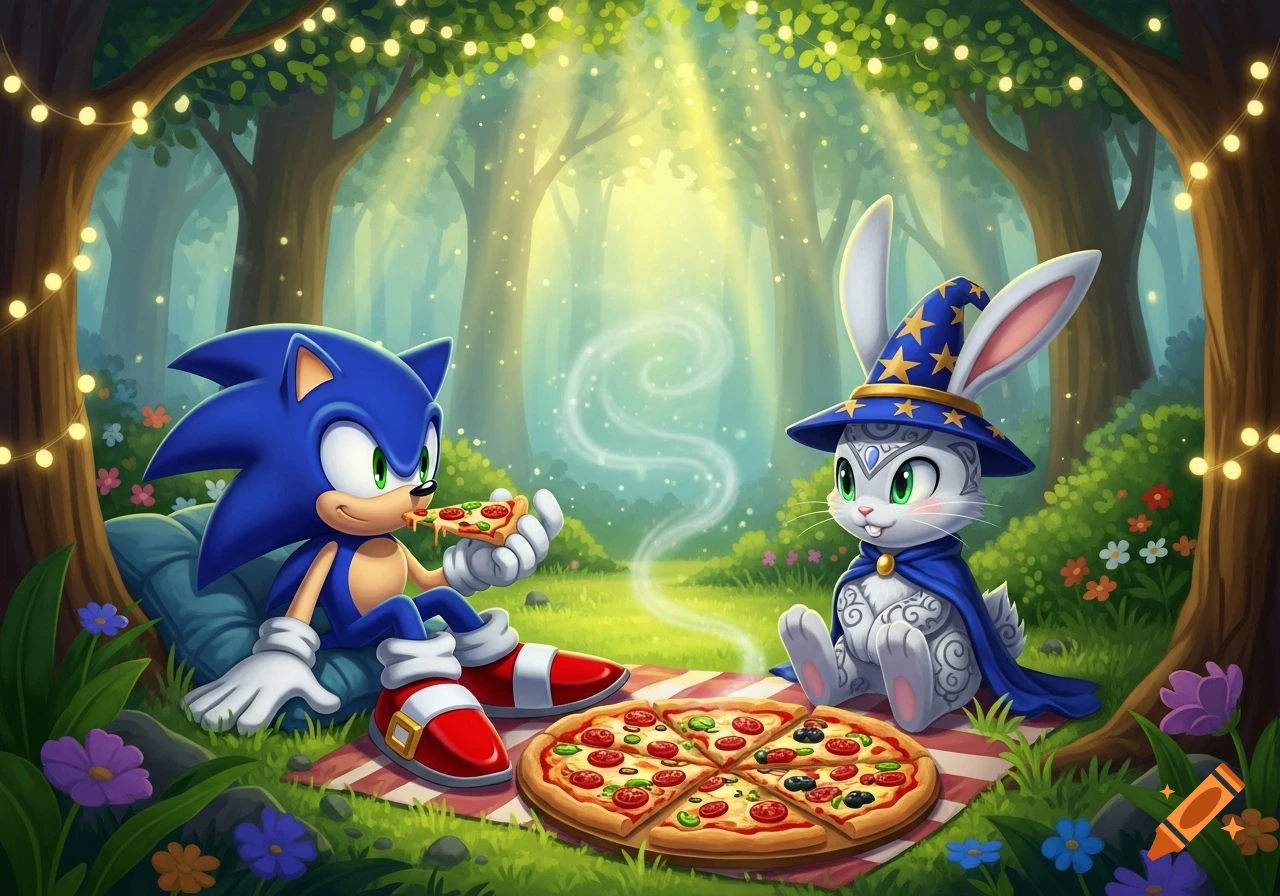 Sonic the Hedgehog and a wizard rabbit enjoying a pizza picnic in an enchanted forest with string lights, cartoon style.