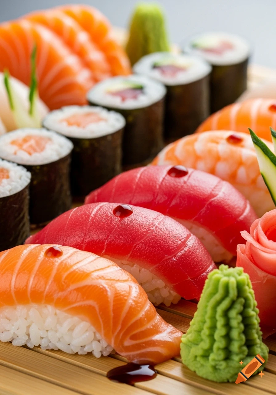 Close-up of a vibrant assortment of fresh sushi, including salmon and tuna nigiri, maki rolls, ginger, and wasabi on a bamboo mat.