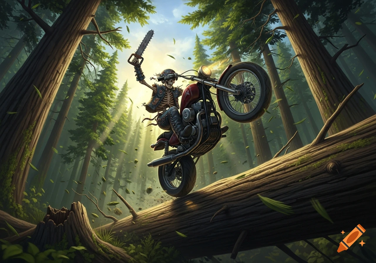 A dramatic digital illustration of a skeleton biker on a motorcycle, jumping over a fallen tree in a dense forest, wielding a chainsaw.