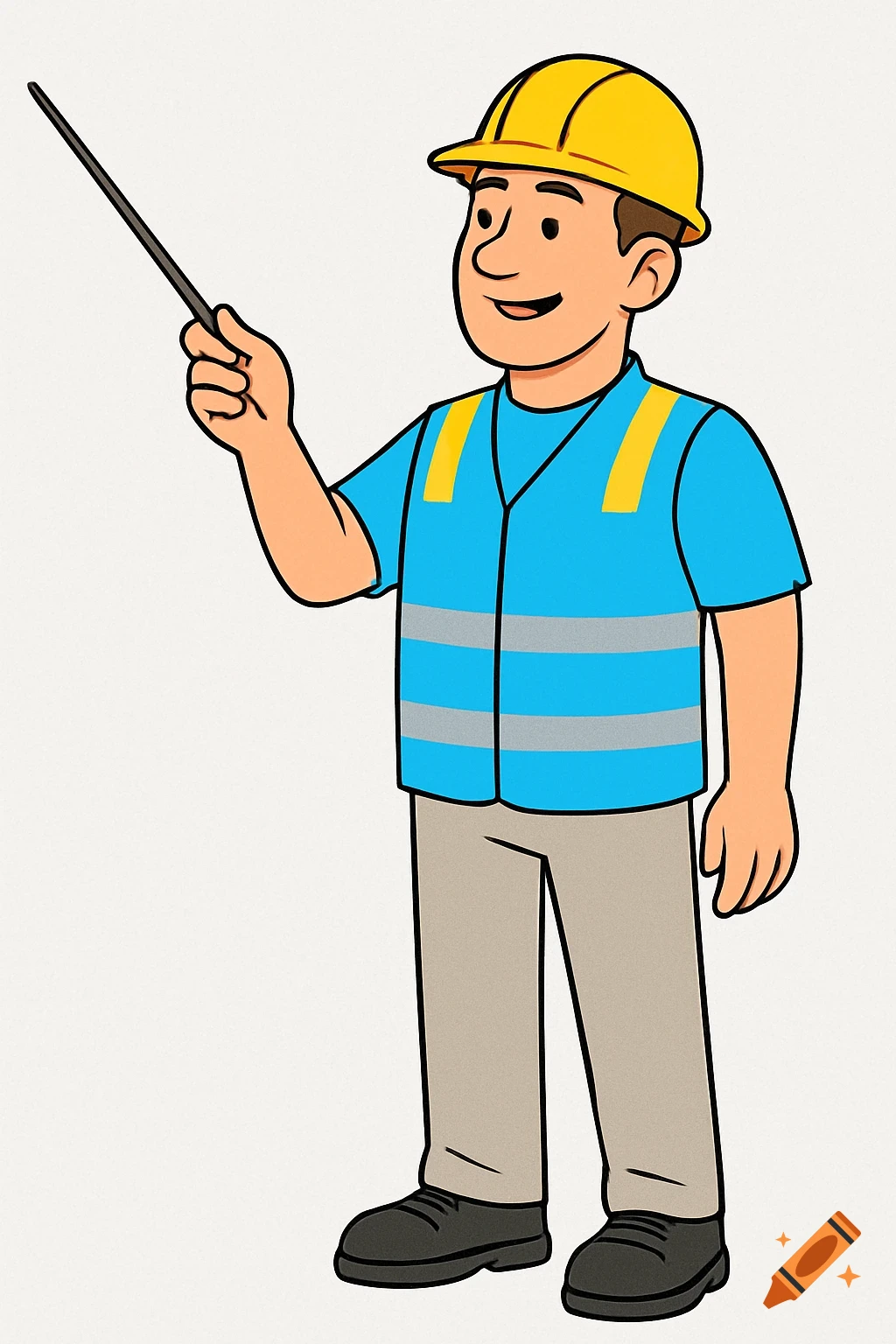 A friendly 2D cartoon male safety officer in a yellow hard hat and blue vest, holding a pointer stick and smiling.