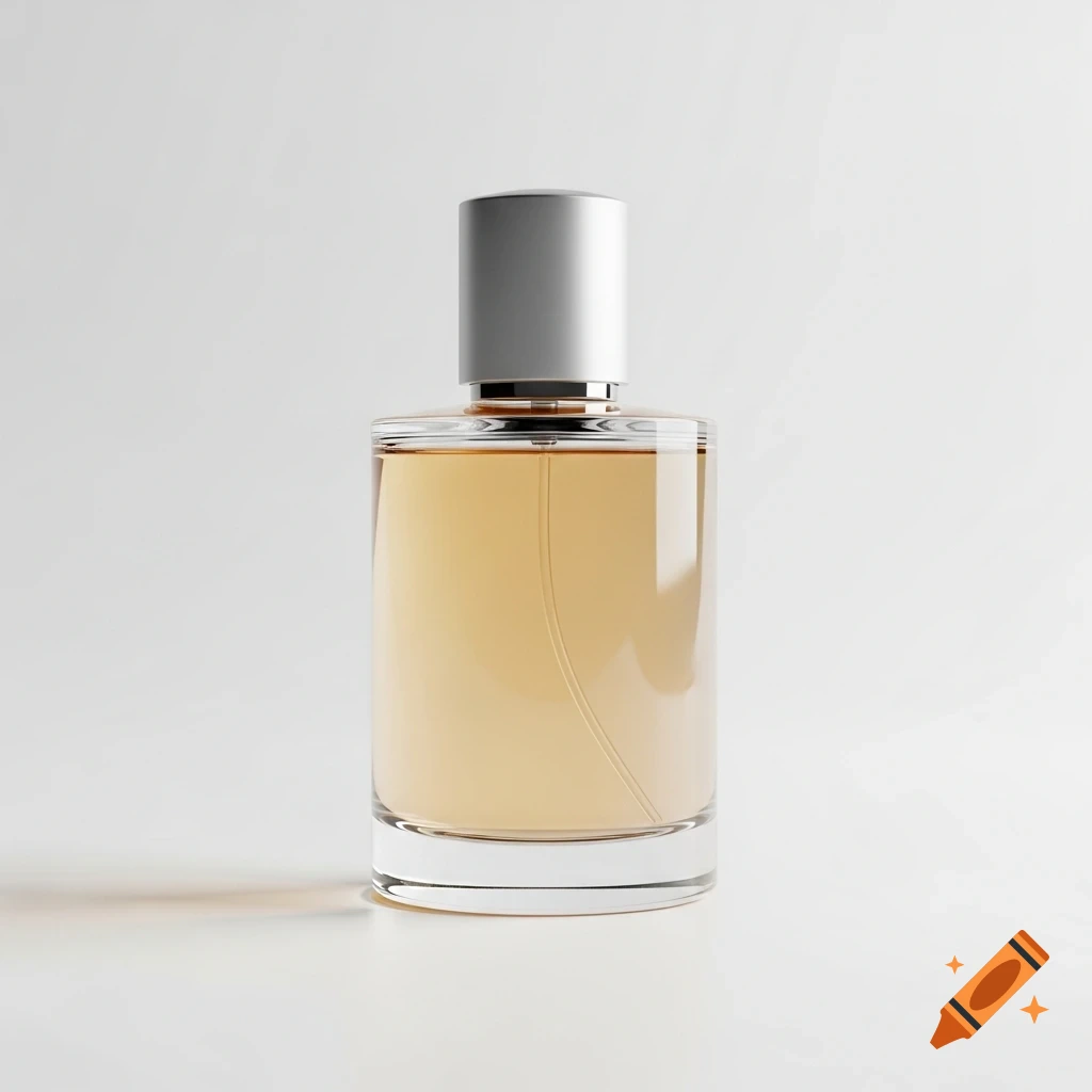Photorealistic image of a clear glass perfume bottle with amber liquid and a matte silver cap on a white background.