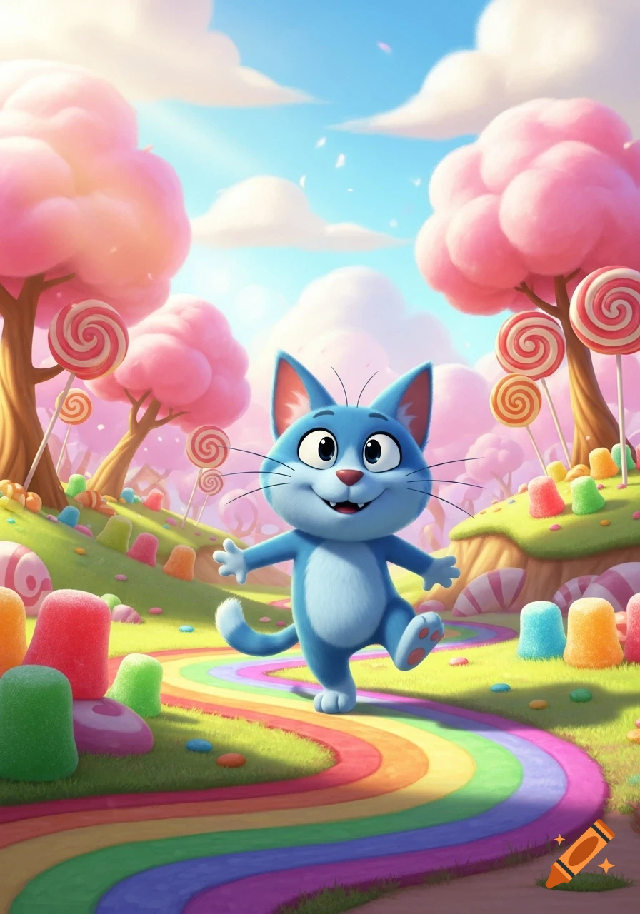 A cheerful blue cartoon cat walks on a rainbow path through a whimsical candy land with pink lollipop trees and colorful gummy candies.