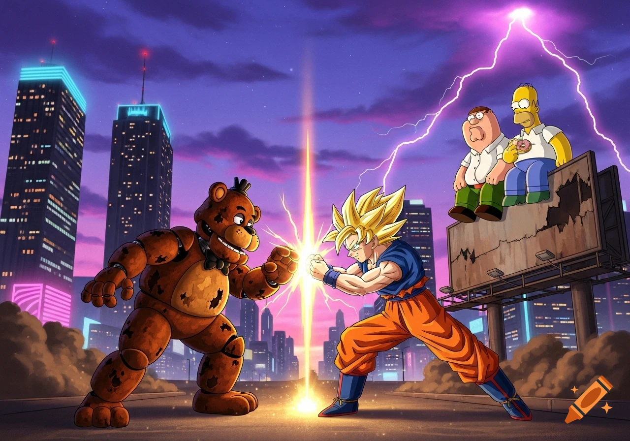 Cartoon Freddy Fazbear and Goku battle with energy in a city. Peter Griffin and Homer Simpson watch from a billboard as lightning strikes.
