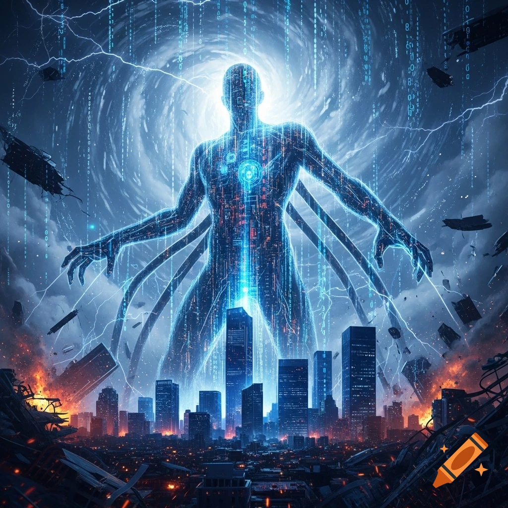 Giant glowing data humanoid figure looms over a destroyed city under a stormy sky with lightning and falling binary code, sci-fi digital art.