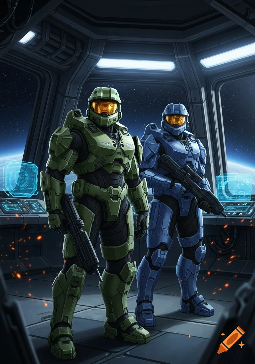 Master Chief and Noble 6, in green and blue armor, stand armed on a futuristic spaceship bridge overlooking space.