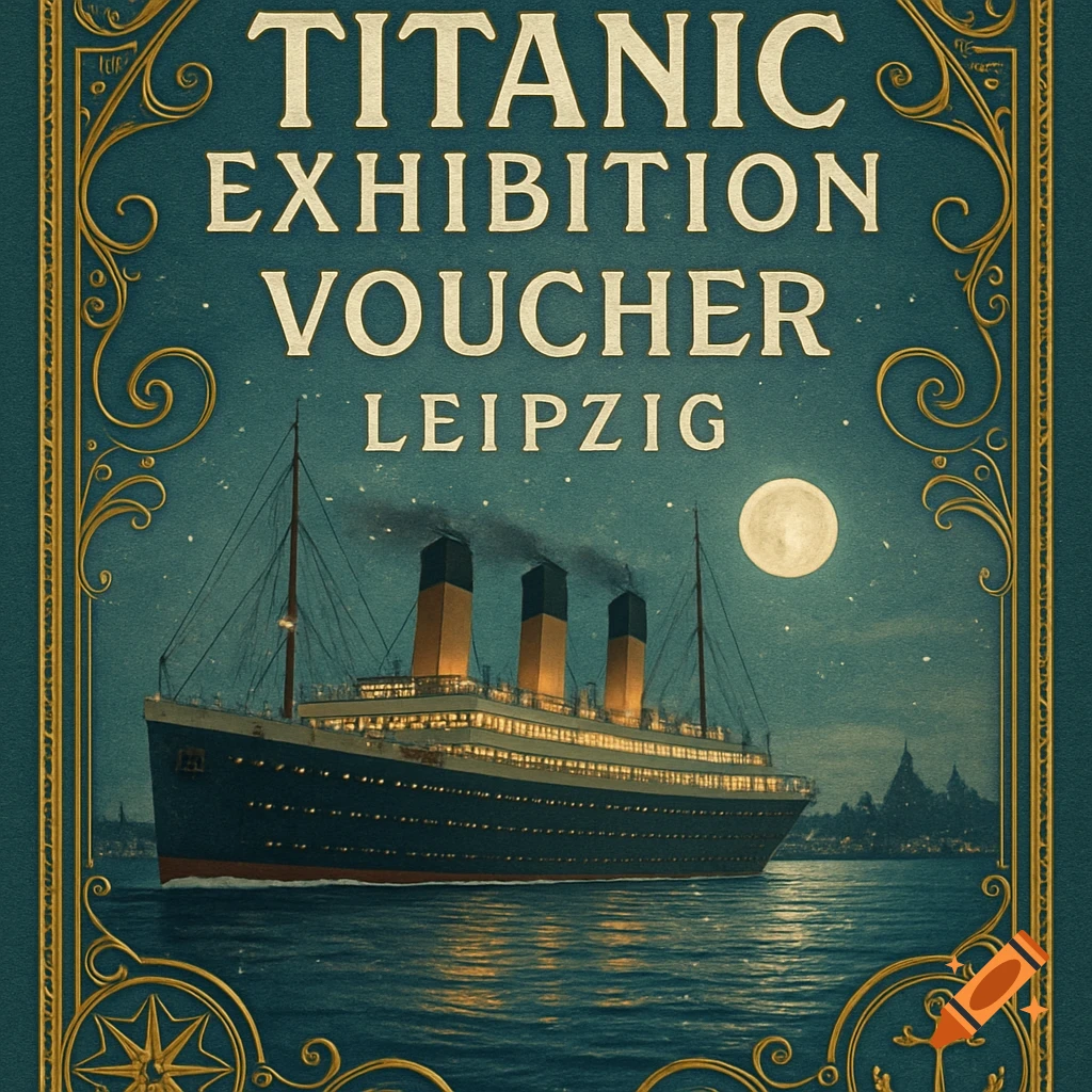 Vintage-style illustration of a Titanic exhibition voucher with the ship at sea under a full moon, framed by ornate gold borders.