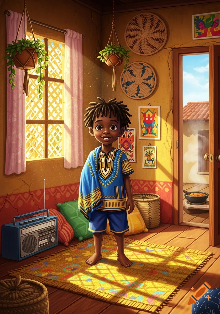 A smiling African boy with dreadlocks in a blue dashiki-style outfit stands barefoot in a sunlit home with woven wall decor and a radio, in an illustration.