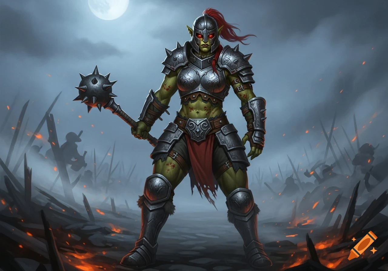 A green-skinned female orc warrior in spiked armor, holding a mace, stands on a fiery battlefield under a full moon.