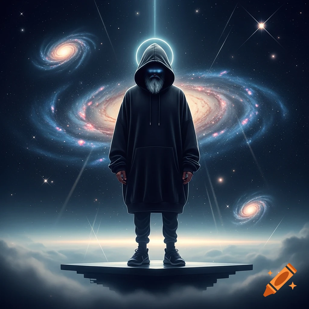 A mysterious hooded figure with a white beard and glowing blue eyes stands on a floating platform under a cosmic sky with galaxies and stars.