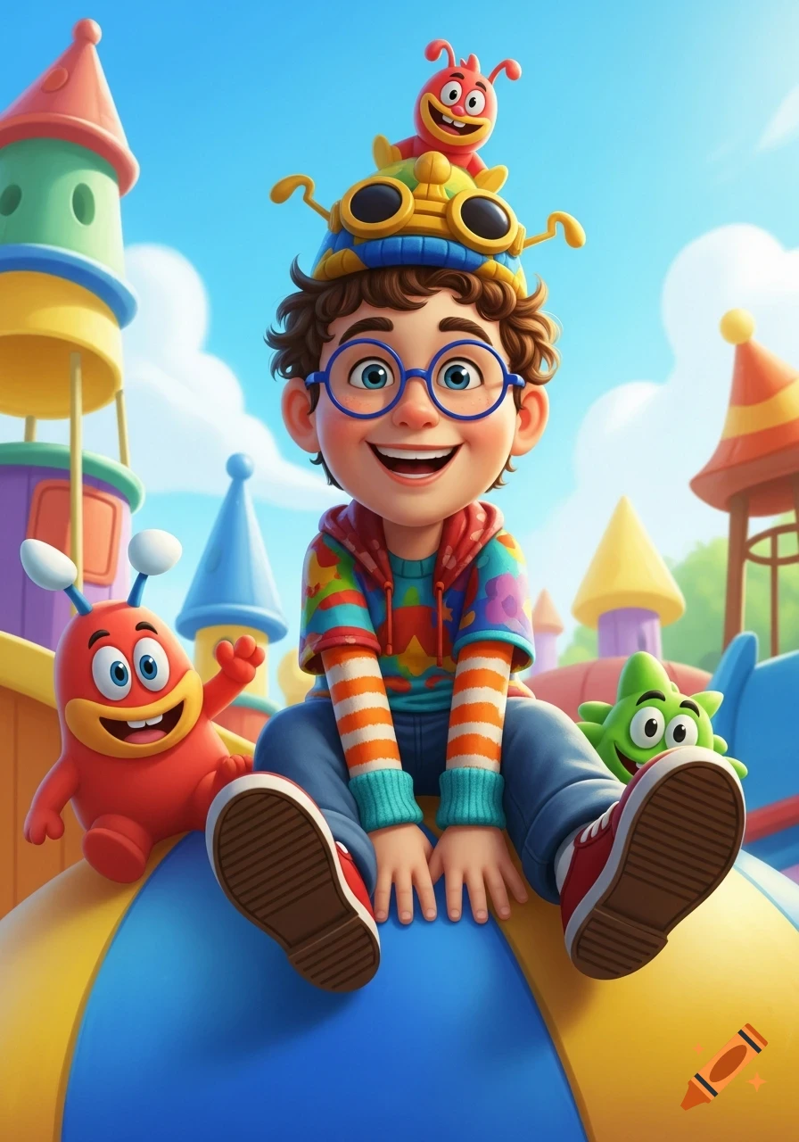 A happy cartoon boy with glasses sits on a colorful playground structure, surrounded by whimsical cartoon creatures under a bright blue sky.