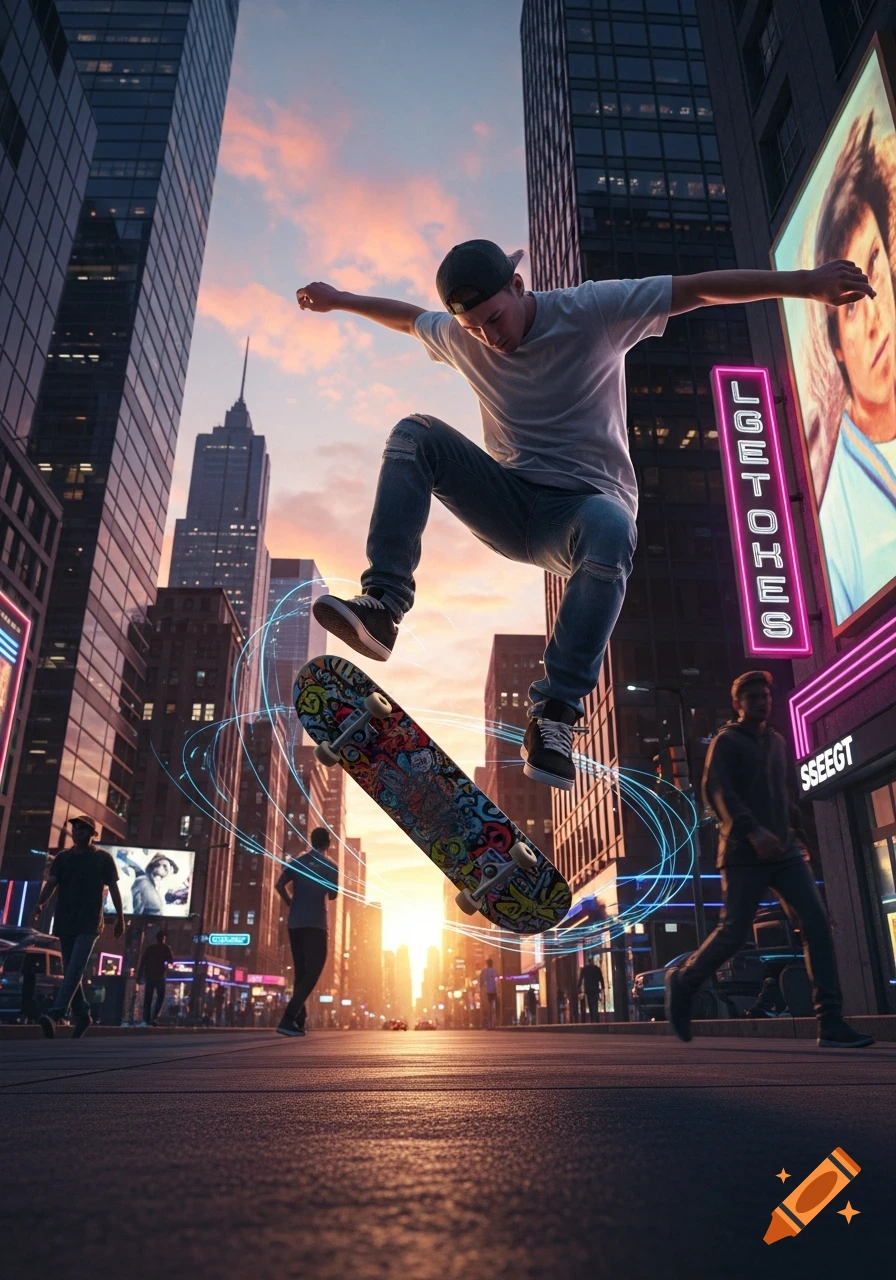 A skateboarder in a t-shirt and jeans performs a dynamic mid-air trick with a colorful skateboard against a city skyline at sunset, with glowing neon signs.