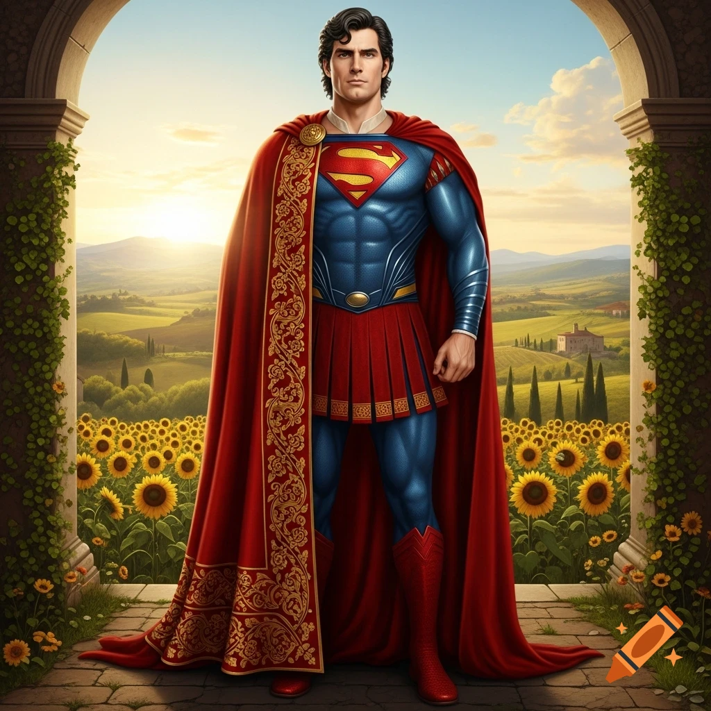 Superman in a blue and red Renaissance costume with a patterned cape stands under an archway overlooking a sunny field of sunflowers.