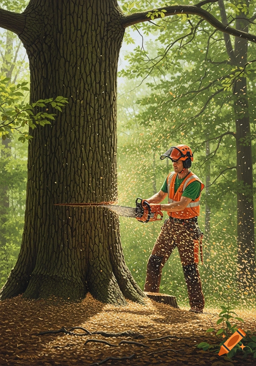 An arborist with a chainsaw cuts a large tree in a green forest, showering wood chips, in a detailed illustration.