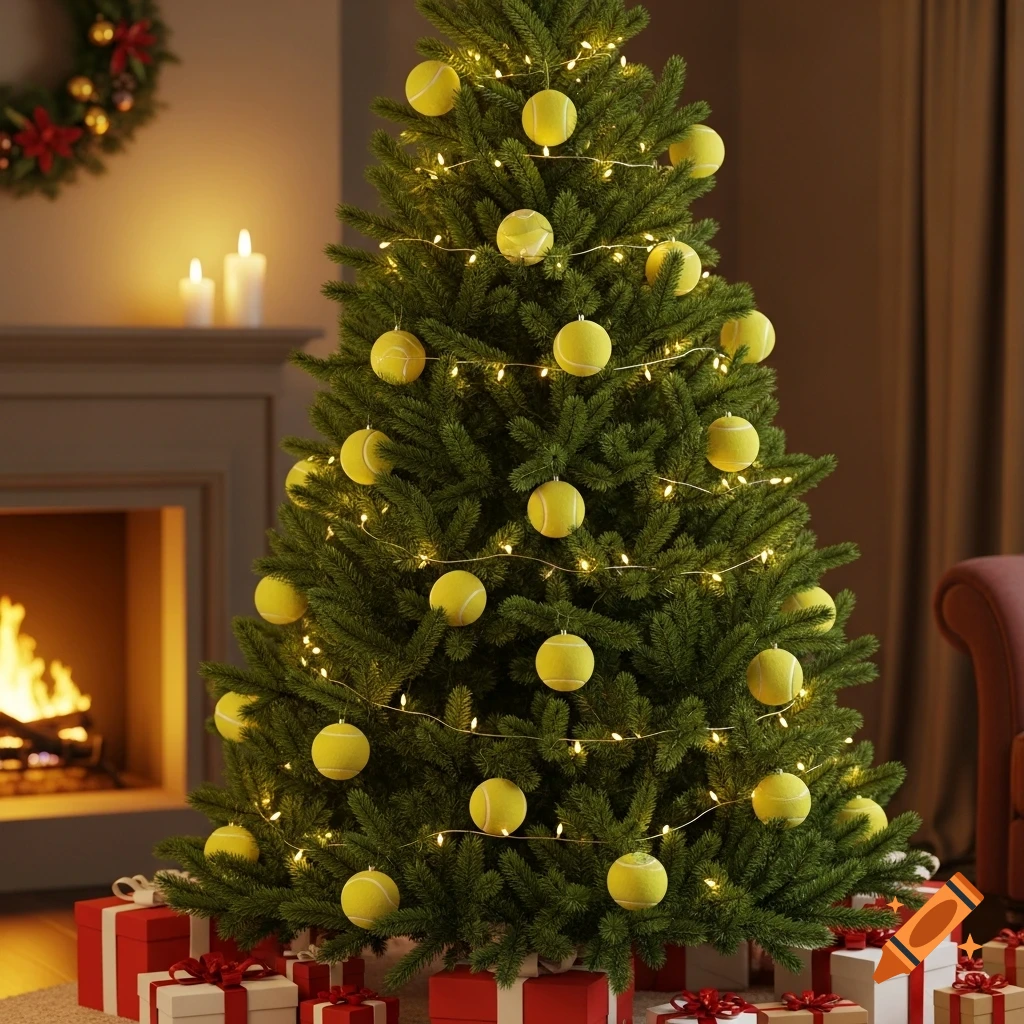 A festive Christmas tree decorated with yellow tennis ball ornaments and string lights, surrounded by presents, in a room with a fireplace.