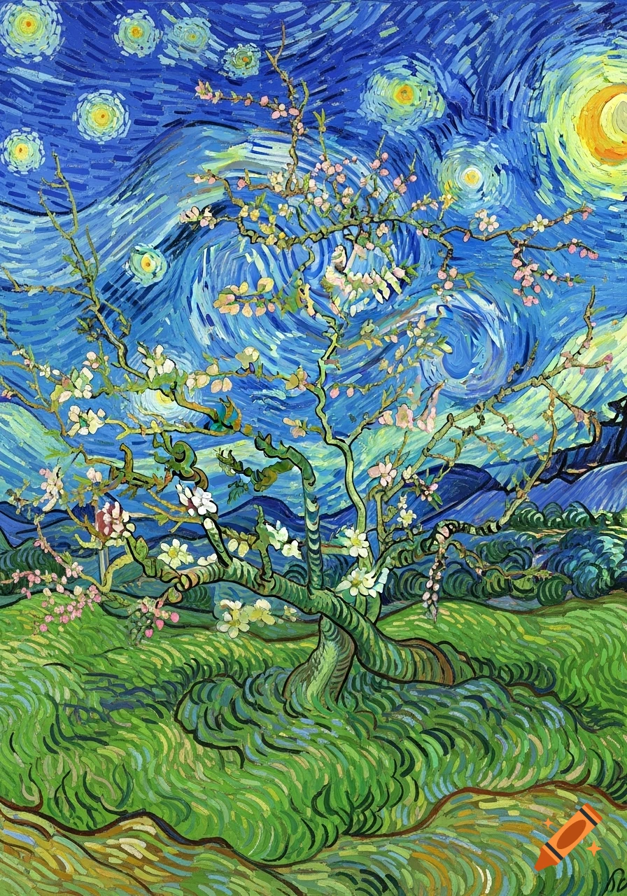 A painting in Van Gogh's distinctive style, showing a blossoming tree with pink and white flowers against a swirling blue starry night sky.