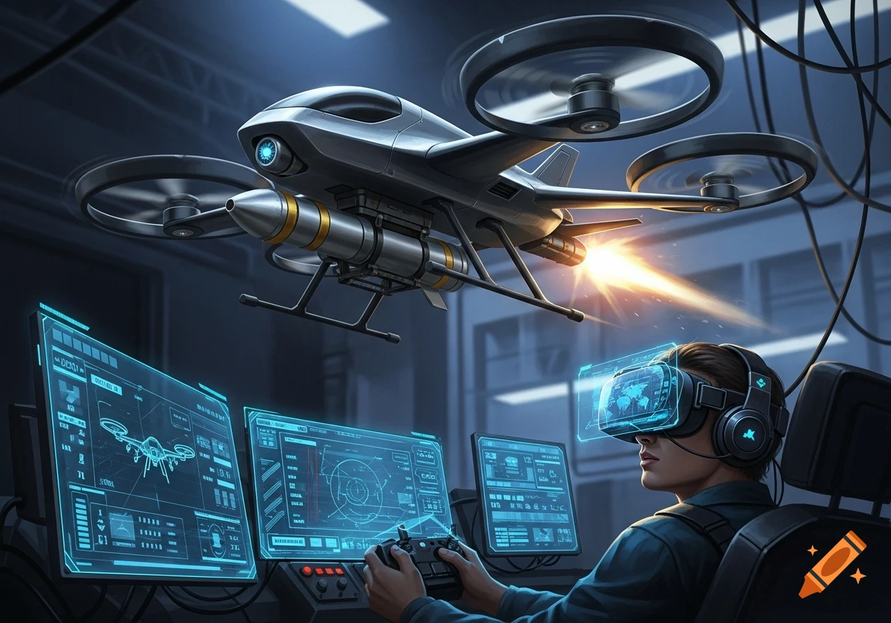A person wearing VR goggles and headphones controls a high-speed quad drone with a rocket attached, which is firing a projectile. Multiple glowing blue screens display holographic data.