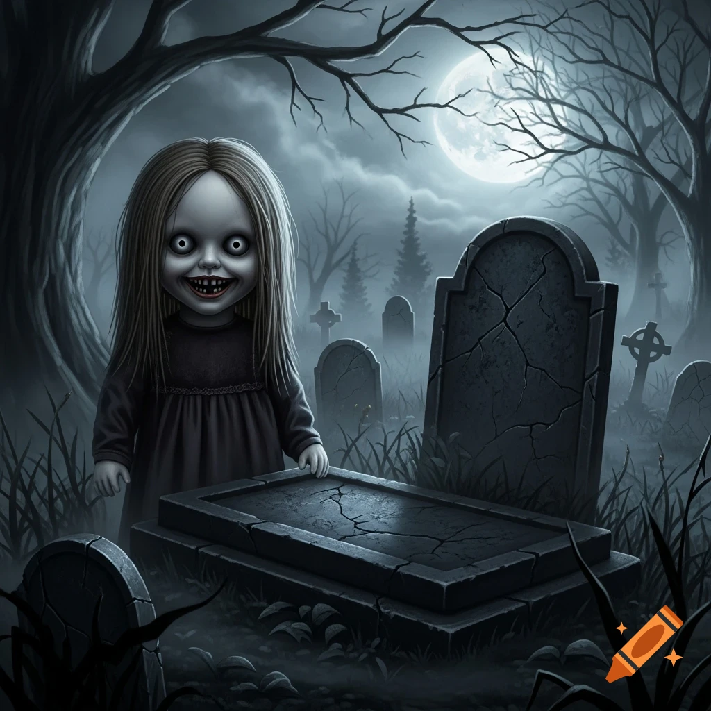 A creepy doll with a wide, toothy smile and glowing eyes stands in a misty graveyard under a full moon.