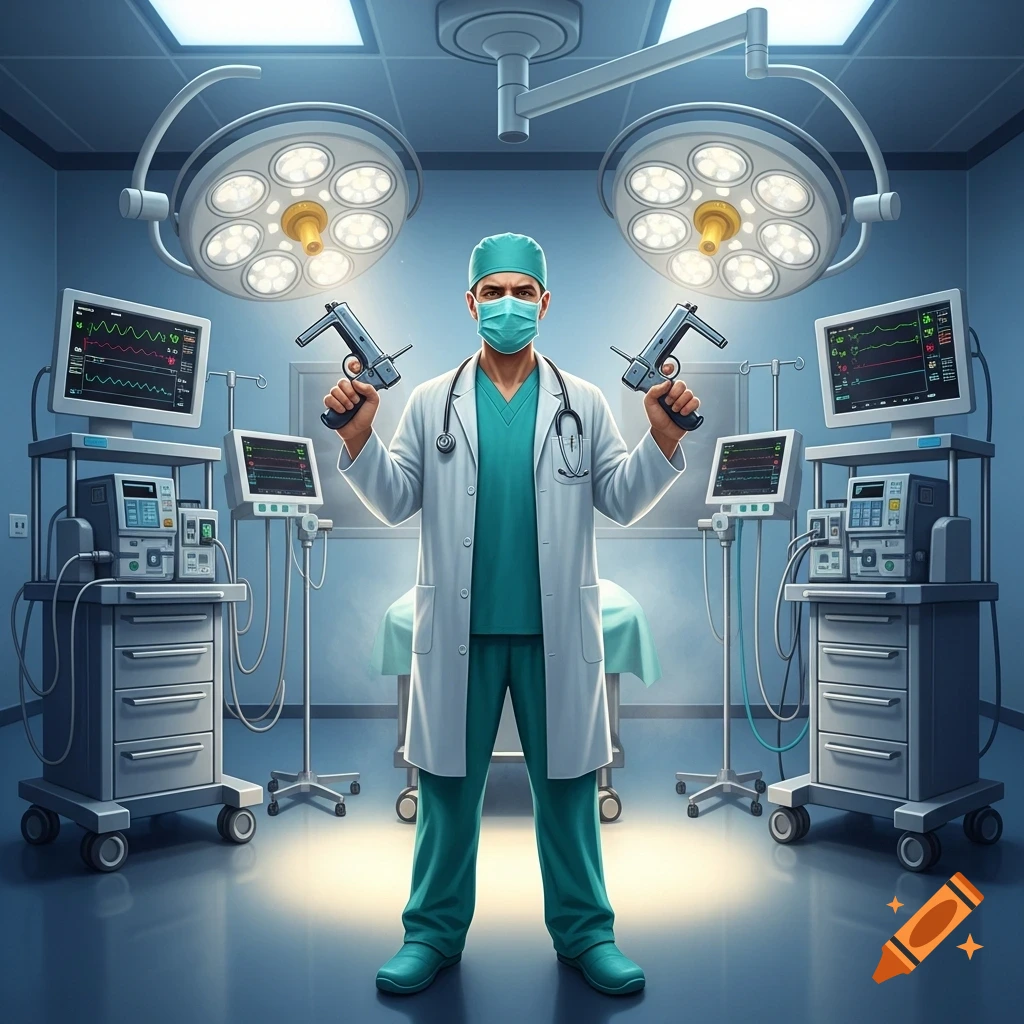 A doctor in teal scrubs, white lab coat, and surgical mask holds two large staple guns in an operating room filled with monitors and medical equipment.