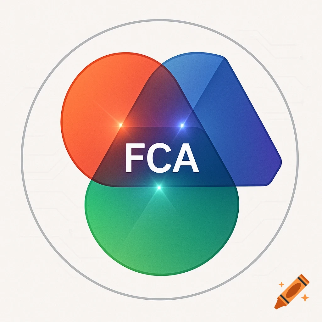 Abstract logo with overlapping red, blue, and green translucent shapes forming a central triangle with "FCA" text, all enclosed in a circle.