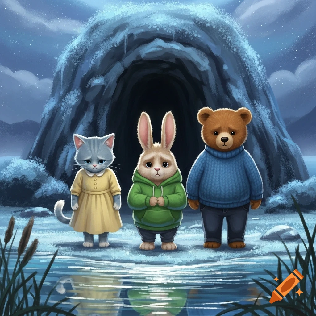 A sad cat, frightened rabbit, and conflicted bear stand by a shimmering lake near a dark cave under moonlight in a fairytale illustration.