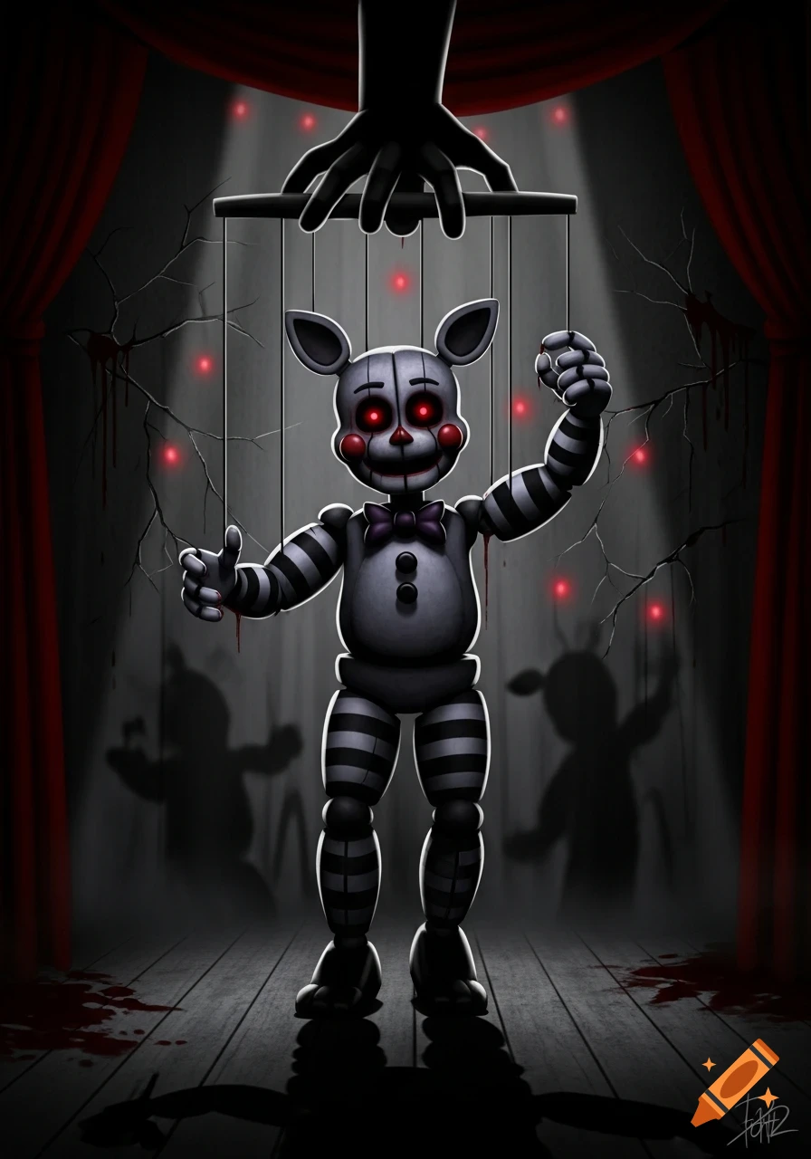 A creepy animatronic puppet with red eyes and black and white stripes stands on a dark, blood-splattered stage controlled by strings from above.