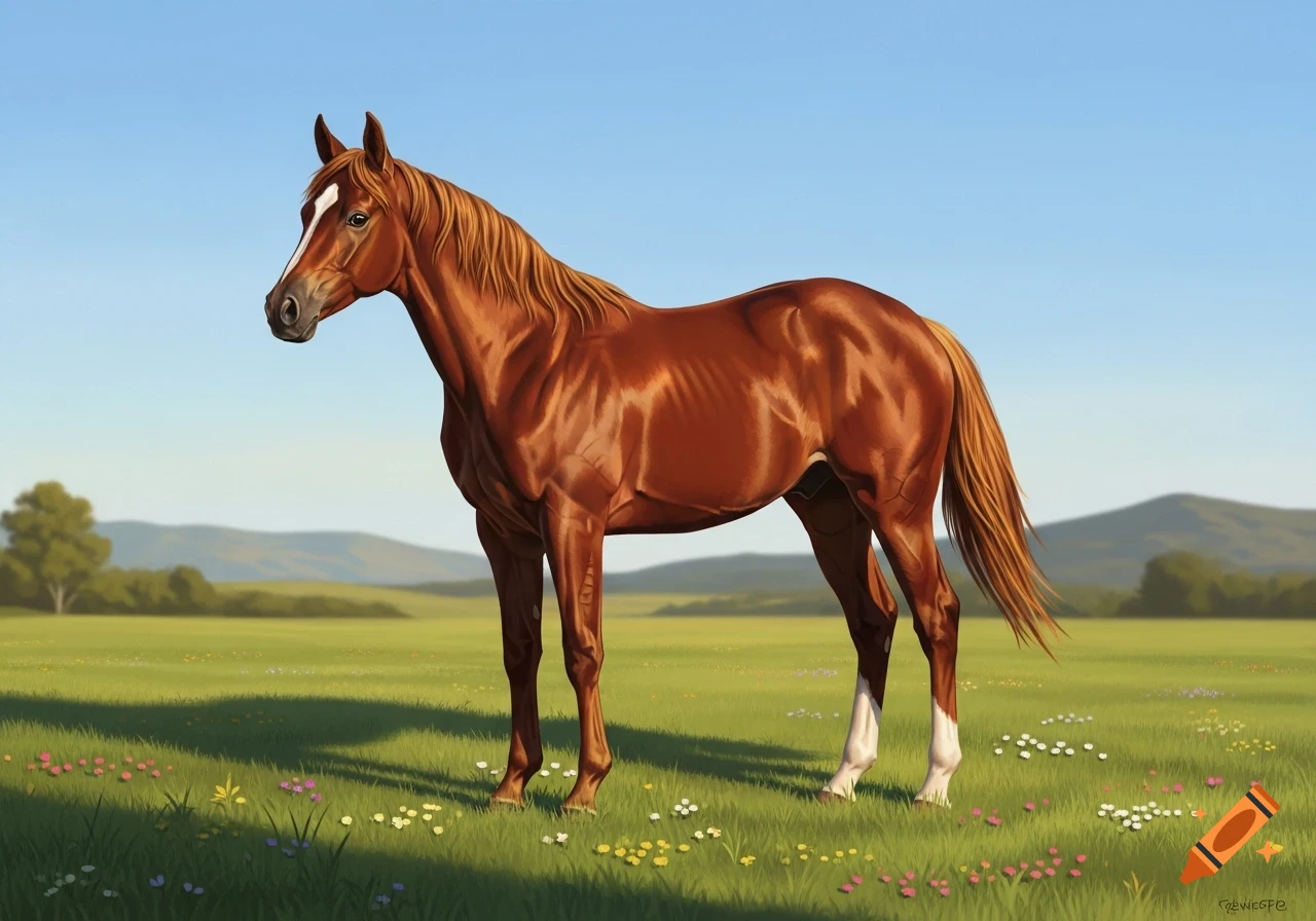 A brown horse with a white blaze stands in a sunny green field with colorful wildflowers, under a clear blue sky and distant mountains.