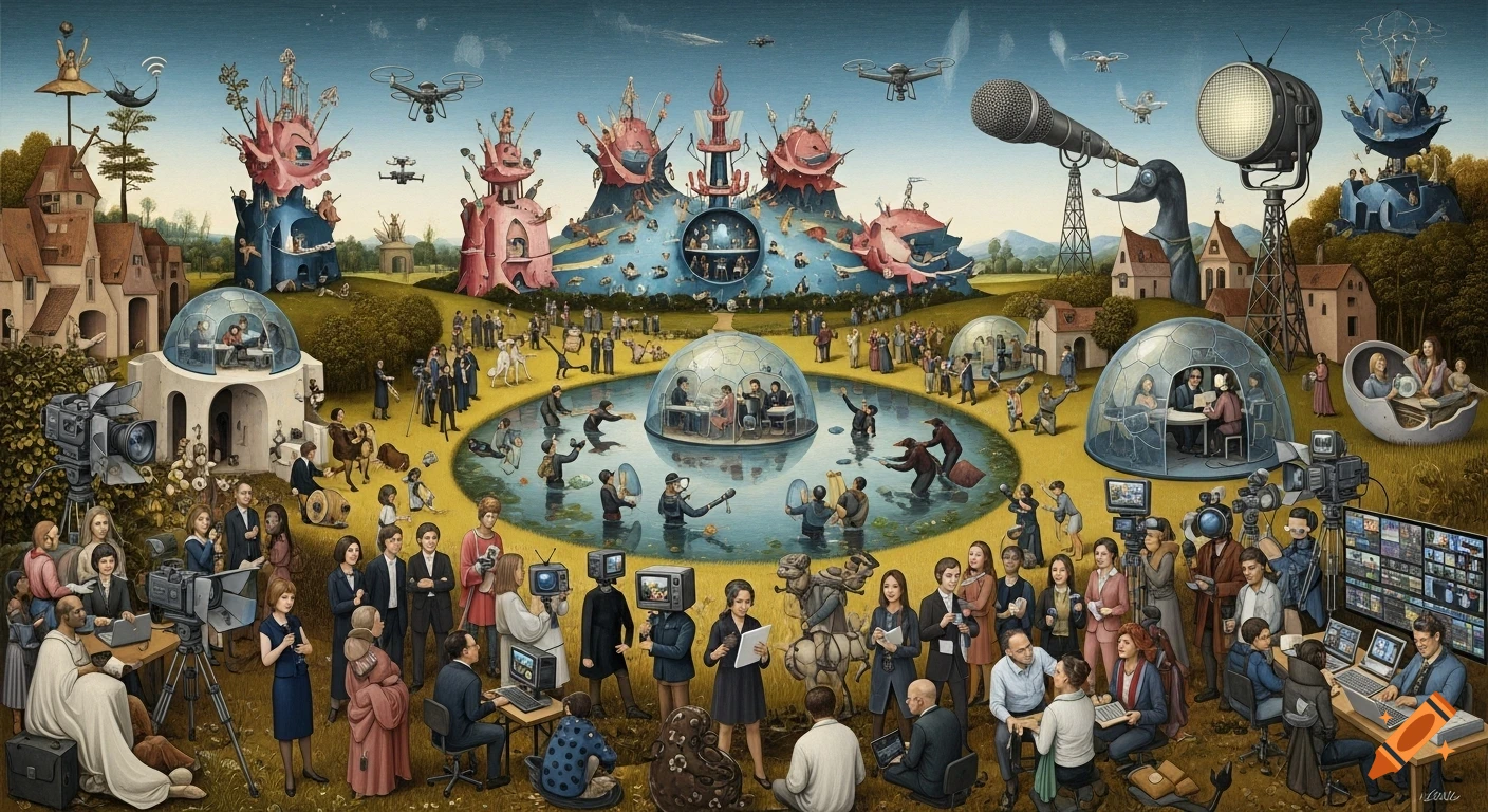 A highly detailed panoramic digital painting in the style of Hieronymus Bosch, depicting a surreal audiovisual world with people, cameras, drones, and fantastical media architecture.