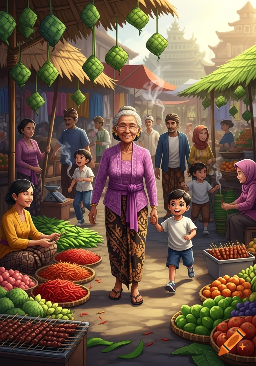 Vibrant illustration of an Indonesian market scene with an elderly woman, a child, food stalls, and other people.
